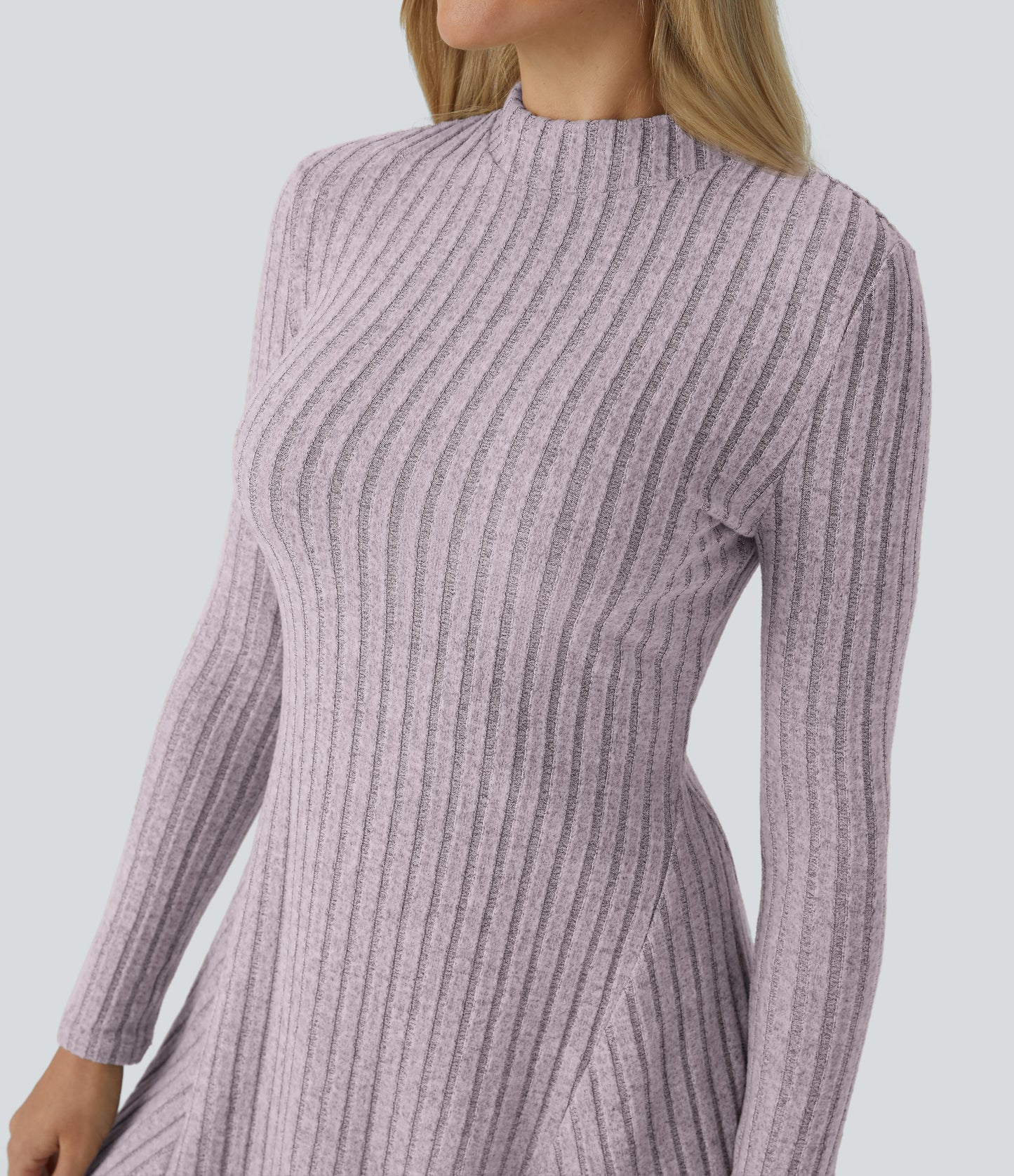 Soft Ribbed Knit Stand Collar Long Sleeve Mini Dress Cozy Everyday Versatile Style