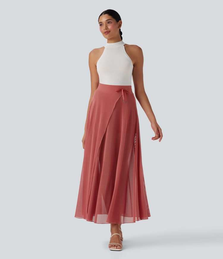 Effortless High Waisted Drawstring Maxi Skirt with Built-in Shorts & Pockets