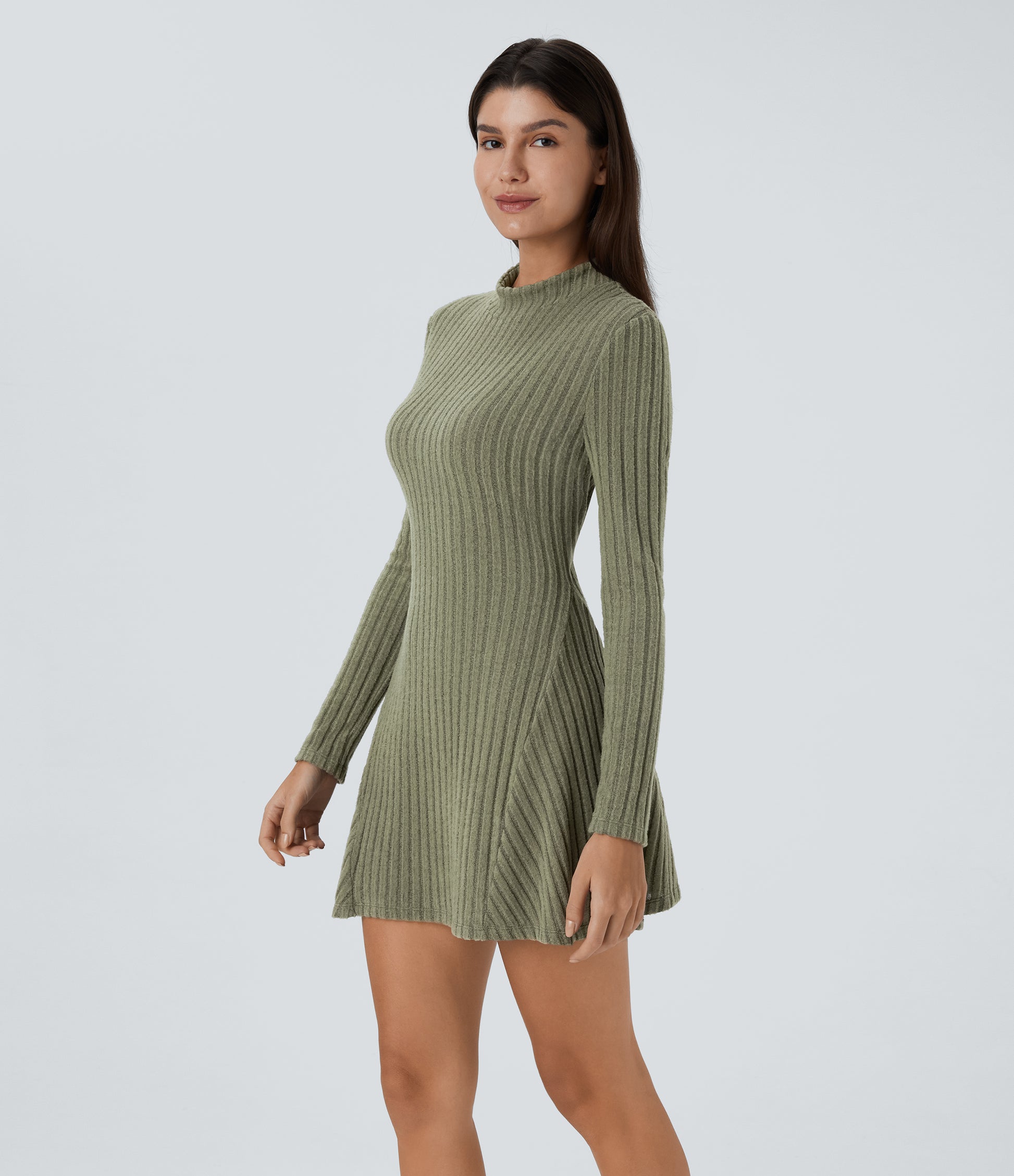 Soft Ribbed Knit Stand Collar Long Sleeve Mini Dress Cozy Everyday Versatile Style