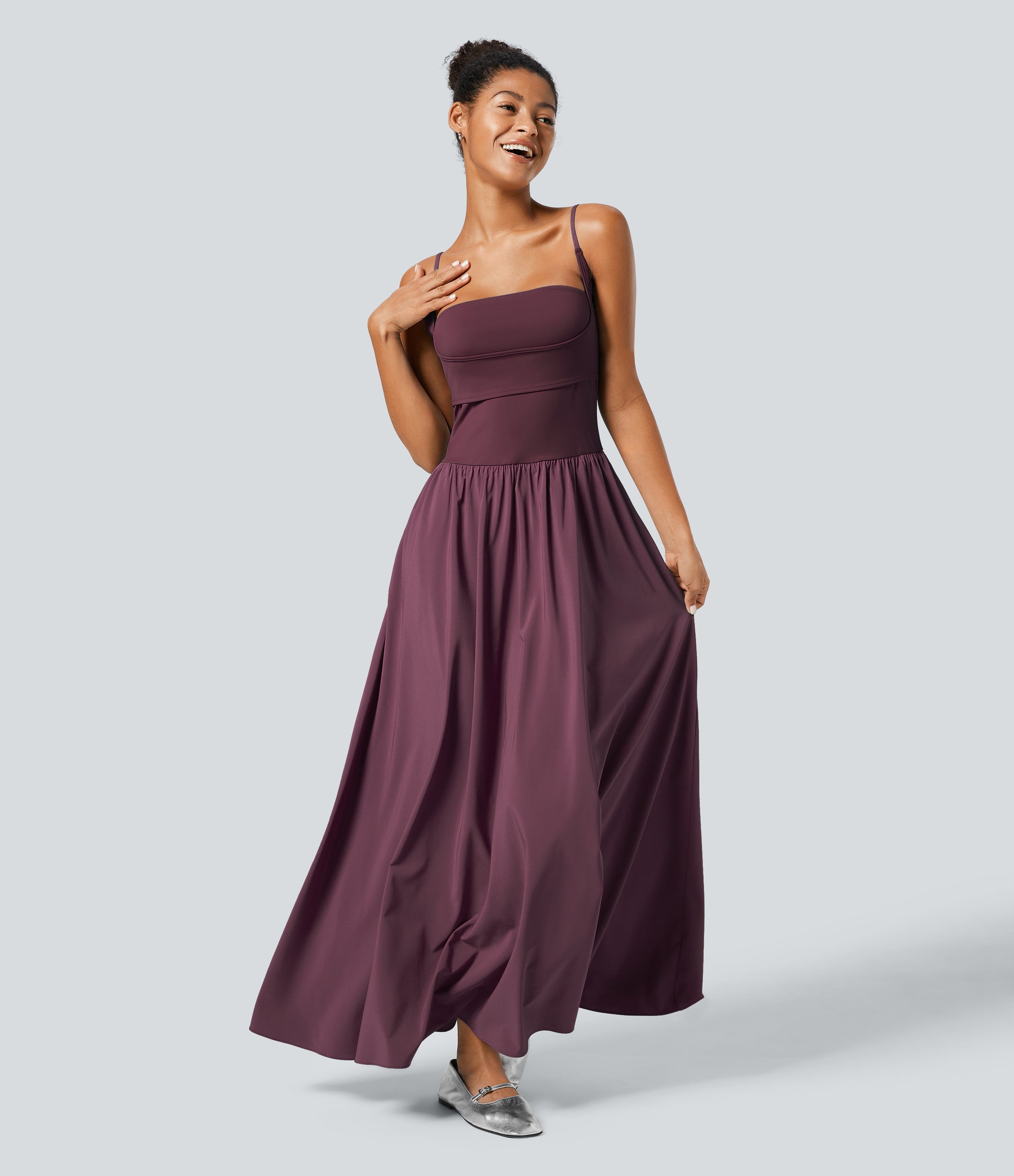 Breezeful Backless Side Pocket Flowy Flare Maxi Quick Dry Casual Slip Dress