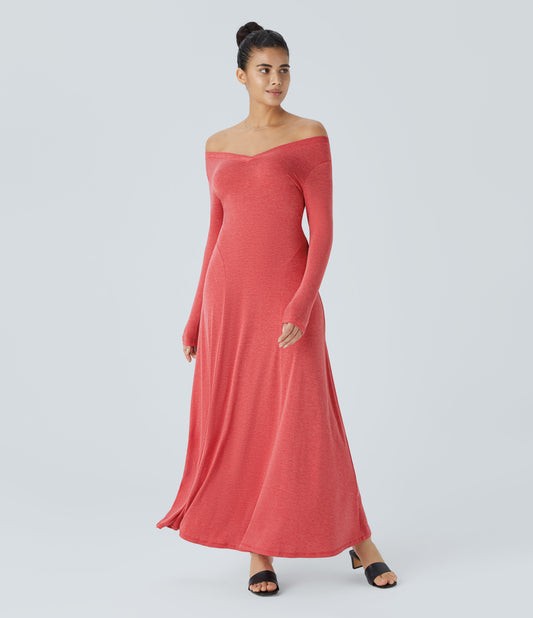 Women's V Neck Long Sleeve Draped Flowy Maxi Casual Dress for Everyday Comfort