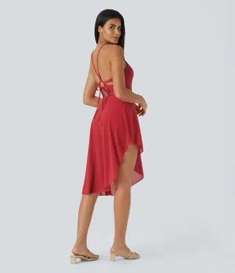 Spaghetti Strap Square Neck Backless Corset Split Bodycon Midi Casual Dress
