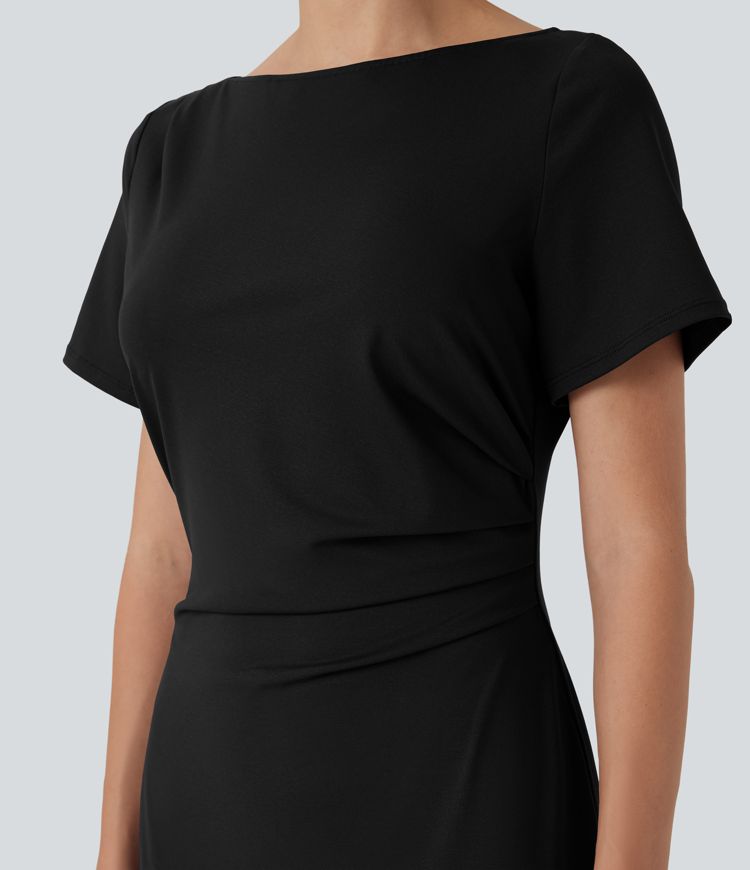 Chic Short Sleeve Ruched Bodycon Midi Work Dress for Women - Comfortable & Stylish