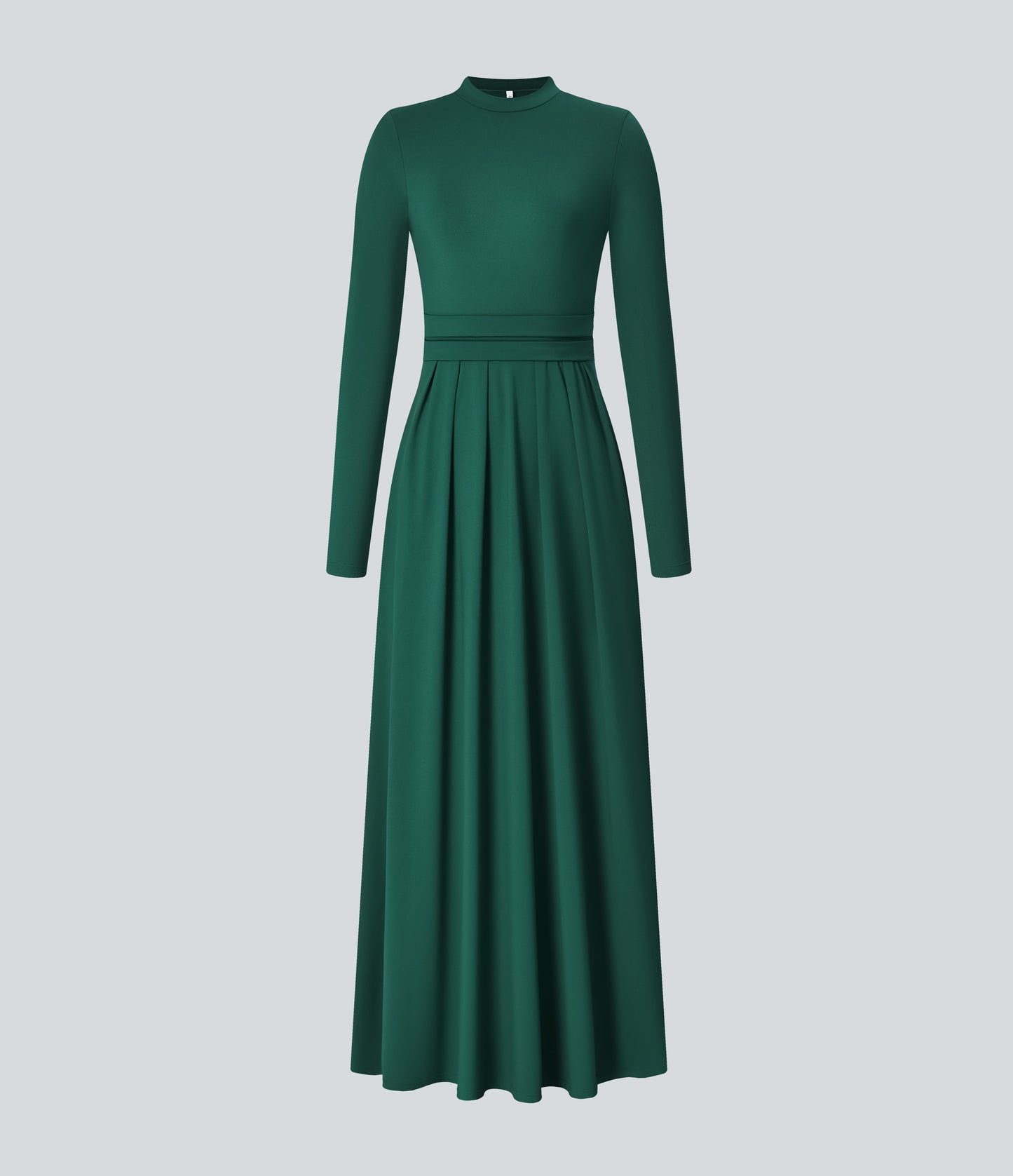 Elegant Mock-neck Long Sleeve Flare Maxi Dress with Convenient Side Pockets