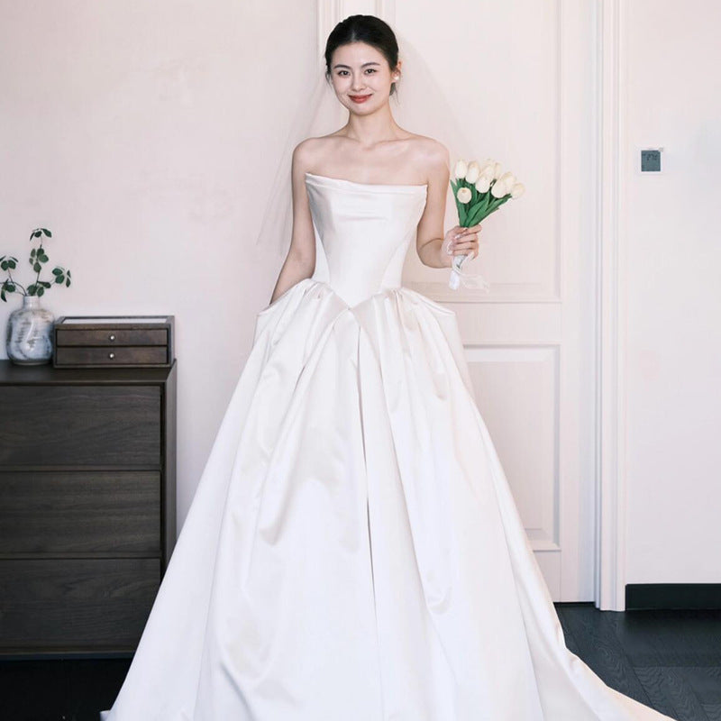 Vintage Light Wedding Dress Tube Top Satin High-end Bridal White Dress