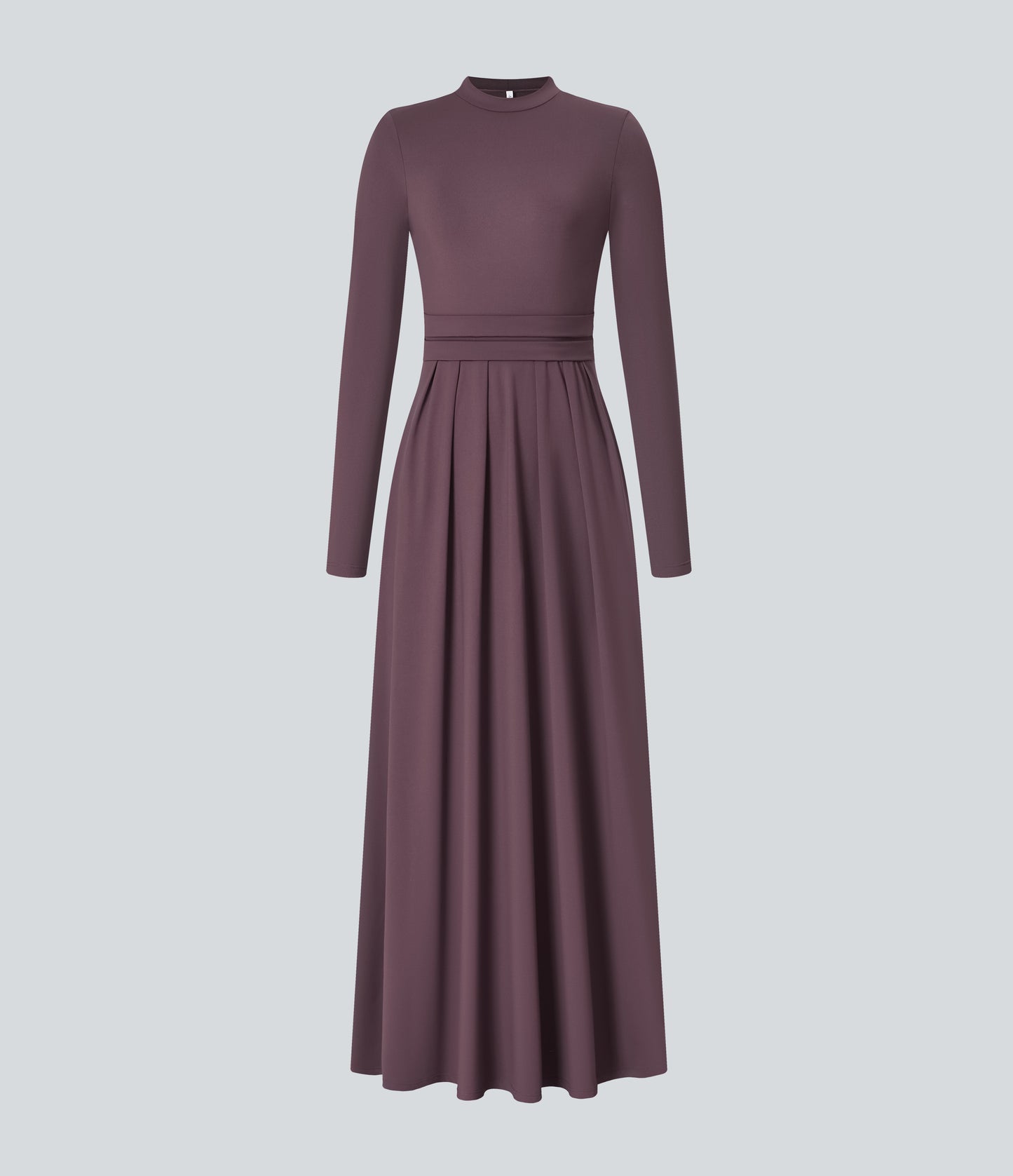 Elegant Mock-neck Long Sleeve Flare Maxi Dress with Convenient Side Pockets