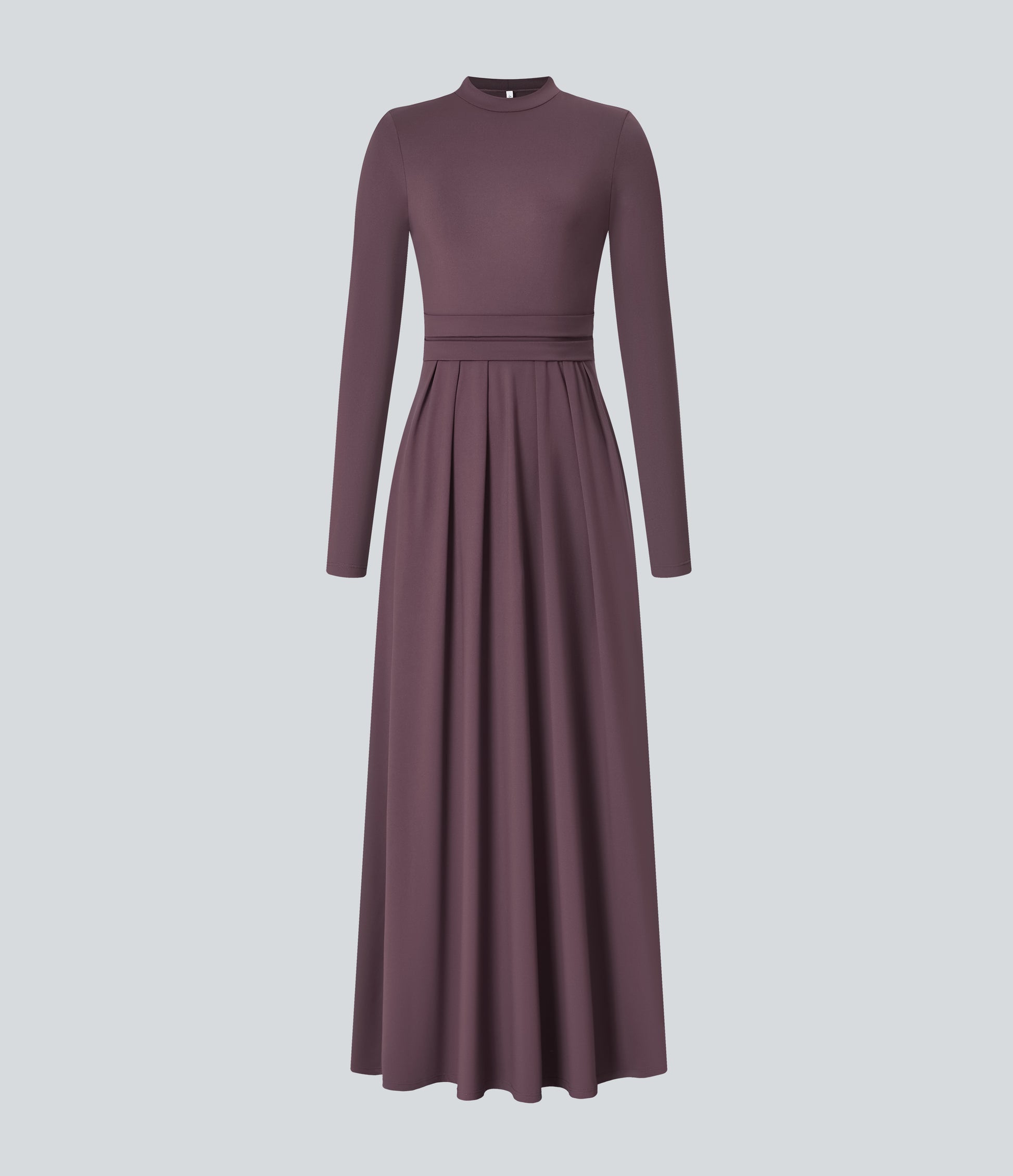 Elegant Mock-neck Long Sleeve Flare Maxi Dress with Convenient Side Pockets