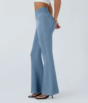 Halara Flex High Waisted Crossover Pocket Washed Stretchy Knit Casual Super Flare Jeans