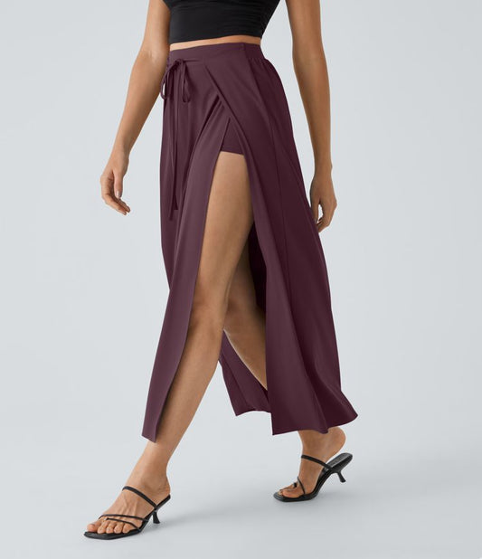 Breezeful Women's High-Waisted Tie-Front Split Flowy 2-in-1 Maxi Quick-Dry Skirt