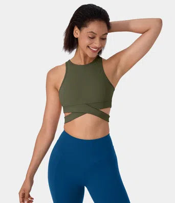 Round Neck Crossover Hem Cut Out Cropped Yoga Sports Top