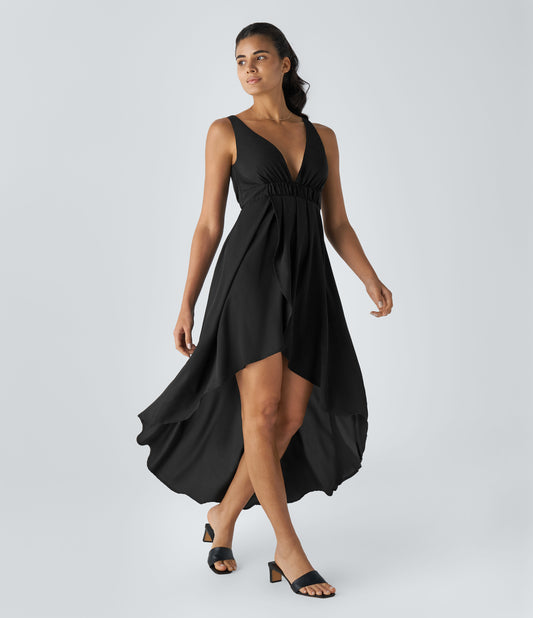 Women's Deep V Neck Sleeveless Crossover Hem High-Low Flowy Maxi Dress