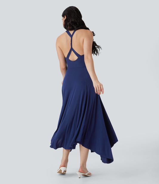 Halara Backless Twisted Ruched Asymmetric Hem Flowy Maxi Casual Dress for Women