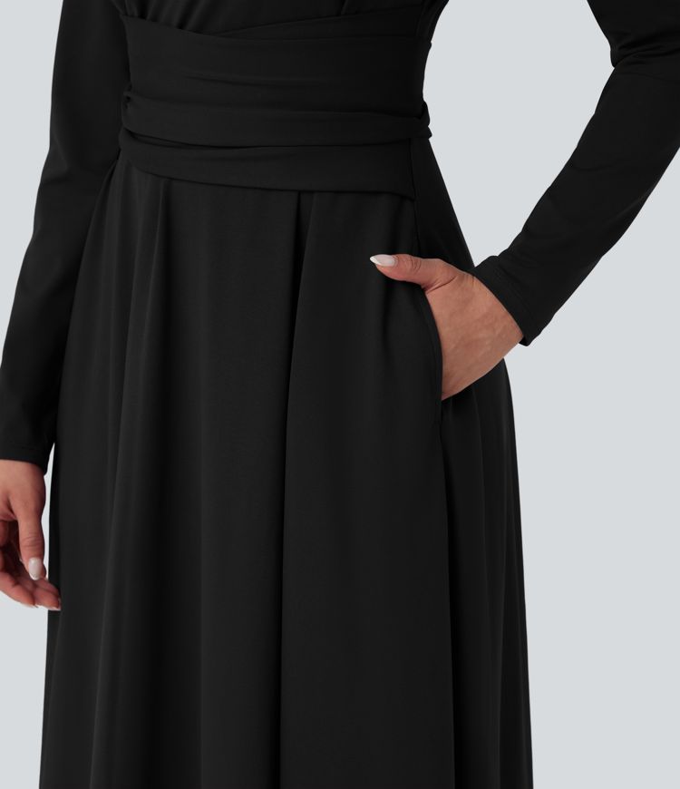 Chic Cut Out Long Sleeve Tie Back Midi Dress - Modern Style & Pockets