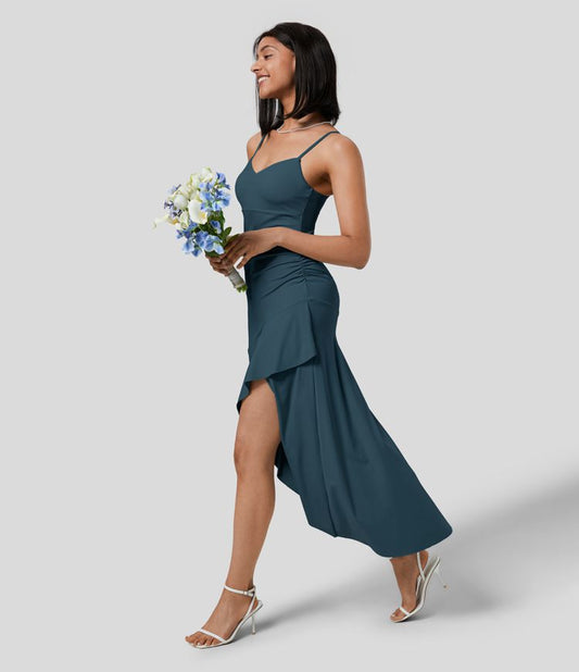 Elegant Women's Backless Adjustable Strap Ruched Split Flowy Maxi Dress for Events