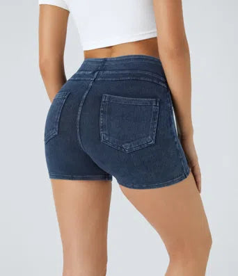 Halara Flex High Waisted Back Side Pocket Stretchy Knit Denim Casual Shorts 3"