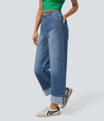 Halara Flex High Waisted Multiple Pockets Rolled Hem Wide Leg Washed Stretchy Knit Casual Jeans