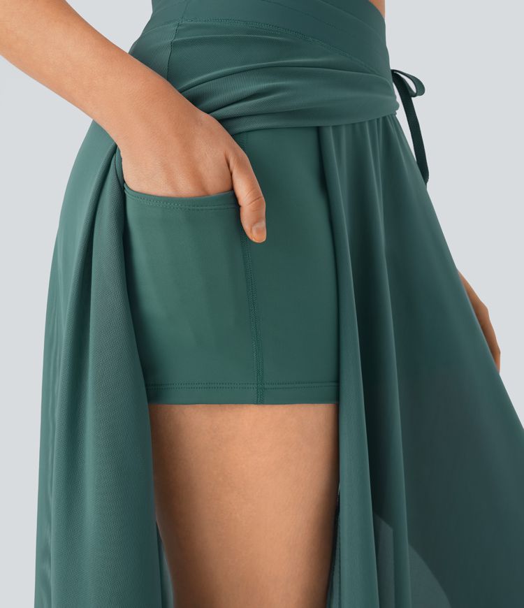 Effortless High Waisted Drawstring Maxi Skirt with Built-in Shorts & Pockets
