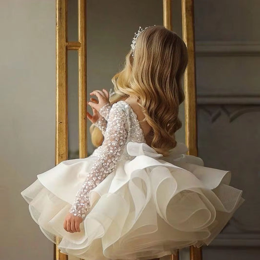 Long Sleeves New Style for Christmas 7 Years Old Lace Flower Girl Dresses