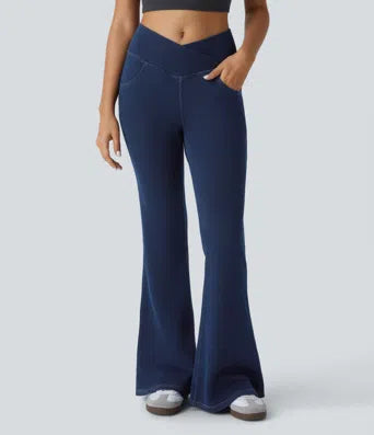 Halara Flex V Neck Side Pocket Washed Stretchy Knit Denim Casual Overalls