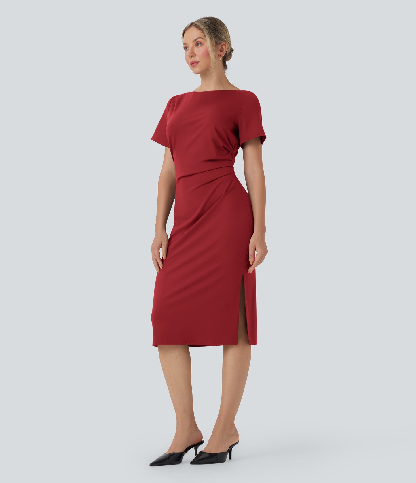 Chic Short Sleeve Ruched Bodycon Midi Work Dress for Women - Comfortable & Stylish