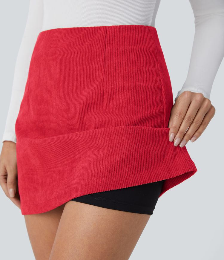 Chic High-Waisted Corduroy Mini Skirt with Invisible Zipper Shorts Lining