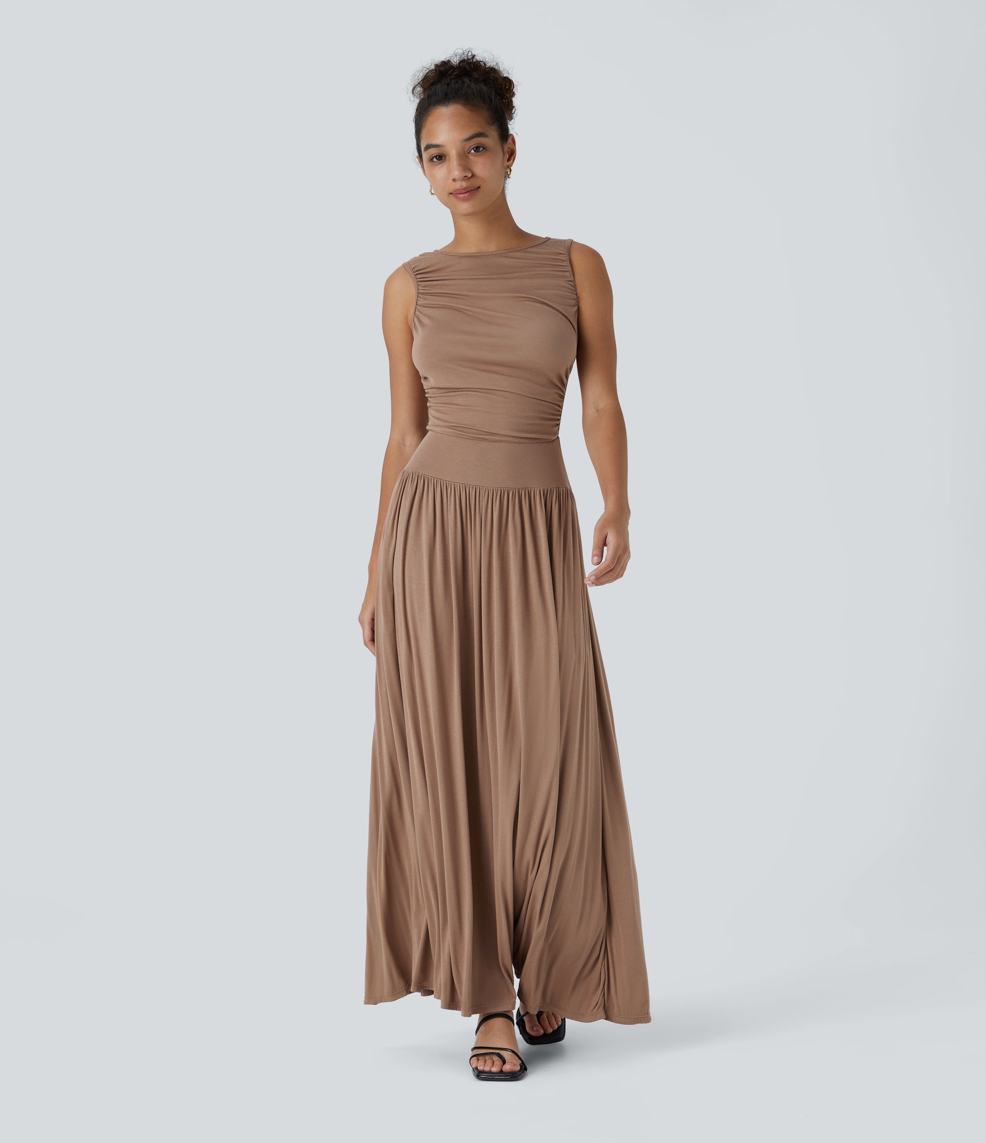 Chic Ribbed Boat Neck Flowy Maxi Dress with Asymmetric Strap & Side Pockets