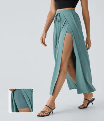 Breezeful Women's High-Waisted Tie-Front Split Flowy 2-in-1 Maxi Quick-Dry Skirt