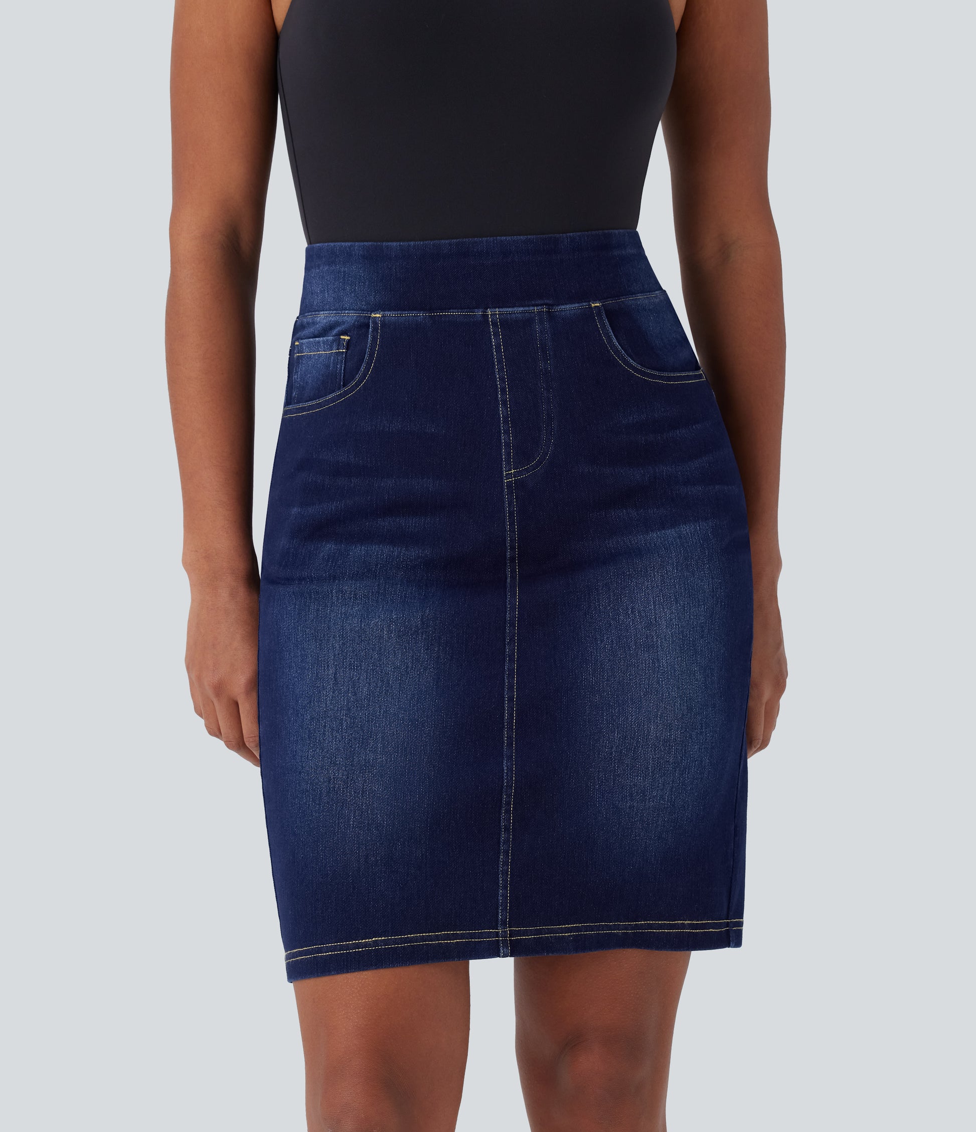 Halara Flex High Waisted Stretchy Knit Denim Midi Skirt with Pockets