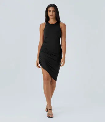 Round Neck Ruched Asymmetric Hem Bodycon Mini Casual Dress