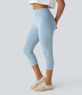 Halara Flex  High Waisted Back Side Pocket Stretchy Knit Denim Capri Casual Leggings