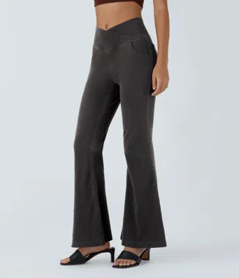 Halara Flex High Waisted Crossover Pocket Washed Stretchy Knit Casual Super Flare Jeans