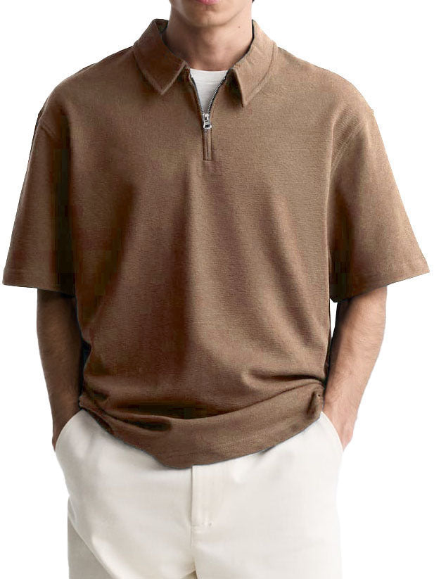 Men's Casual Zipper Polo Shirt Summer Comfortable Breathable Lapels Short-sleeved Top