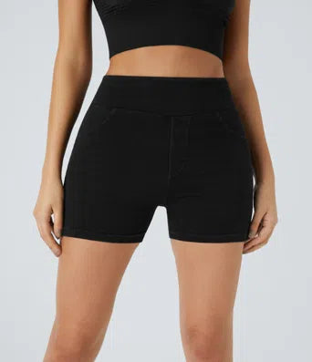 Halara Flex High Waisted Back Side Pocket Stretchy Knit Denim Casual Shorts 3"