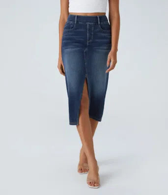 Halara FlexHigh Waisted Multiple Pockets Bodycon Split Washed Stretchy Knit Denim Casual Midi Skirt