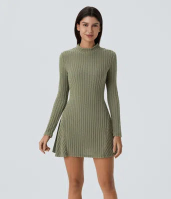 High Neck Long Sleeve Belted Knitted Bodycon Mini Casual Dress