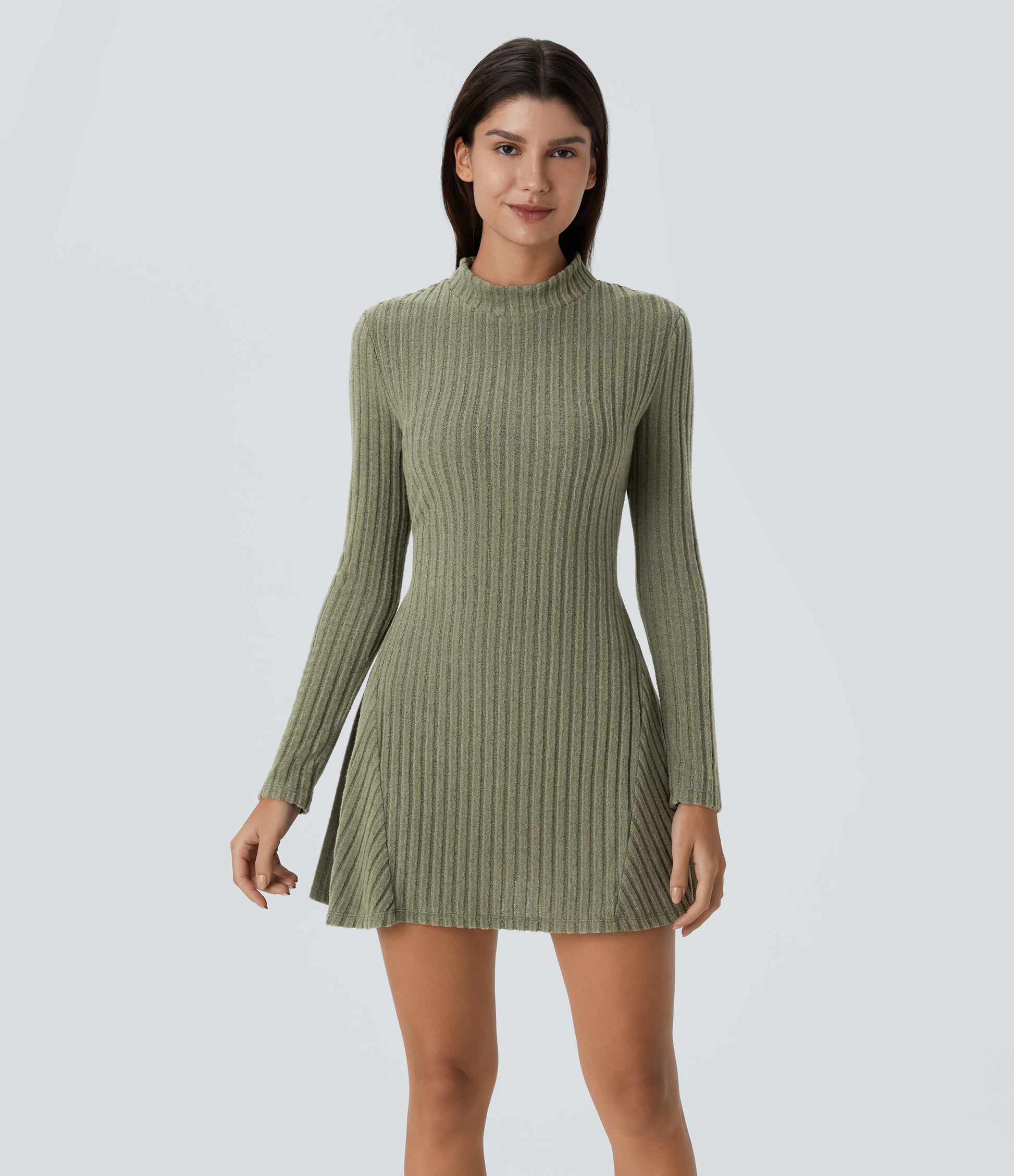 Soft Ribbed Knit Stand Collar Long Sleeve Mini Dress Cozy Everyday Versatile Style