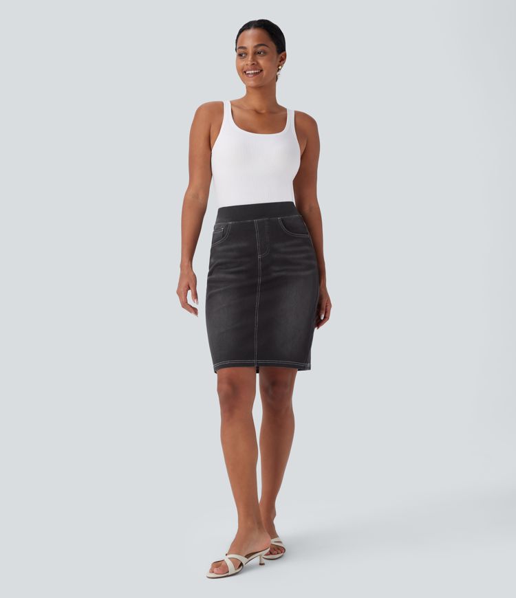 Halara Flex High Waisted Stretchy Knit Denim Midi Skirt with Pockets