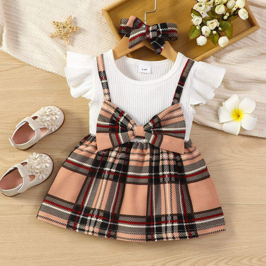 Infant Sunken Stripe Flounced Sleeve Stitching Plaid Dress Headscarf
