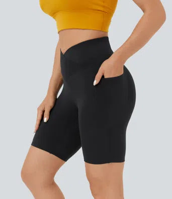 Softlyzero  High Waisted Crossover Side Pocket Yoga Biker Shorts 7