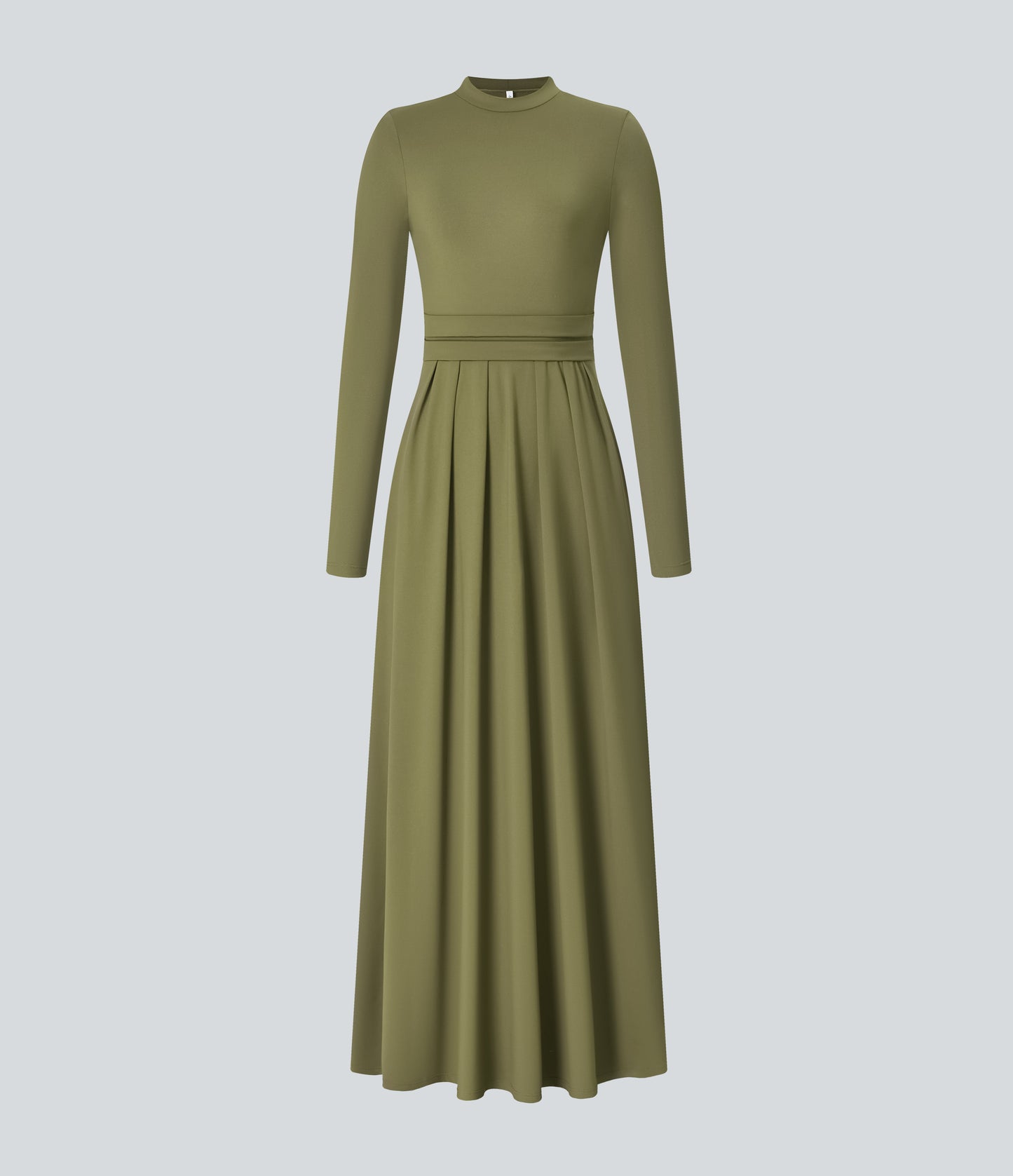 Elegant Mock-neck Long Sleeve Flare Maxi Dress with Convenient Side Pockets