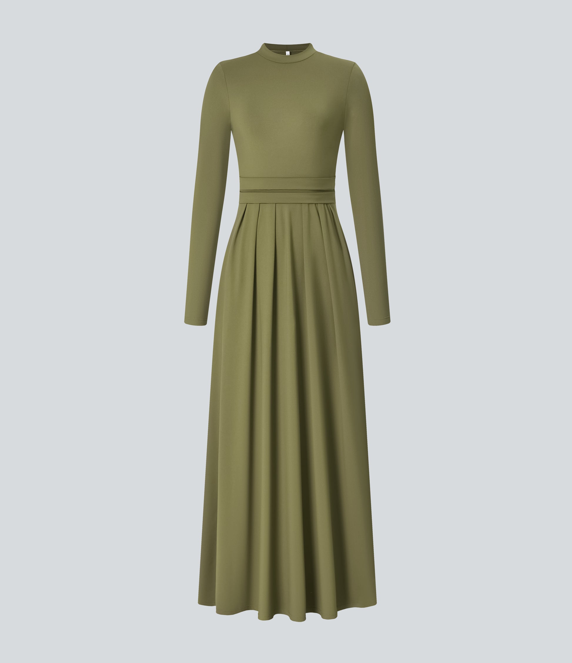 Elegant Mock-neck Long Sleeve Flare Maxi Dress with Convenient Side Pockets