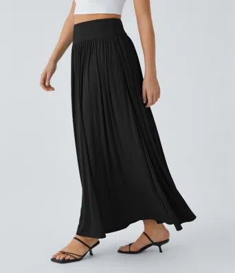 Ribbed Boat Neck Asymmetric Strap Ruched Side Pocket Flowy Maxi Casual Dress