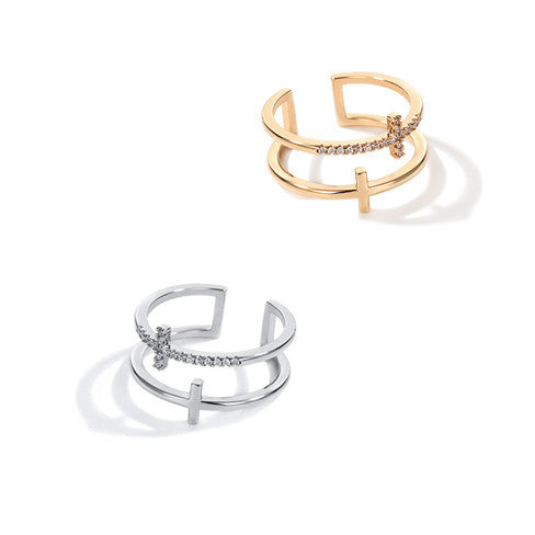 Double Cross Miniature Copper Inlaid Zircon Ring 05
