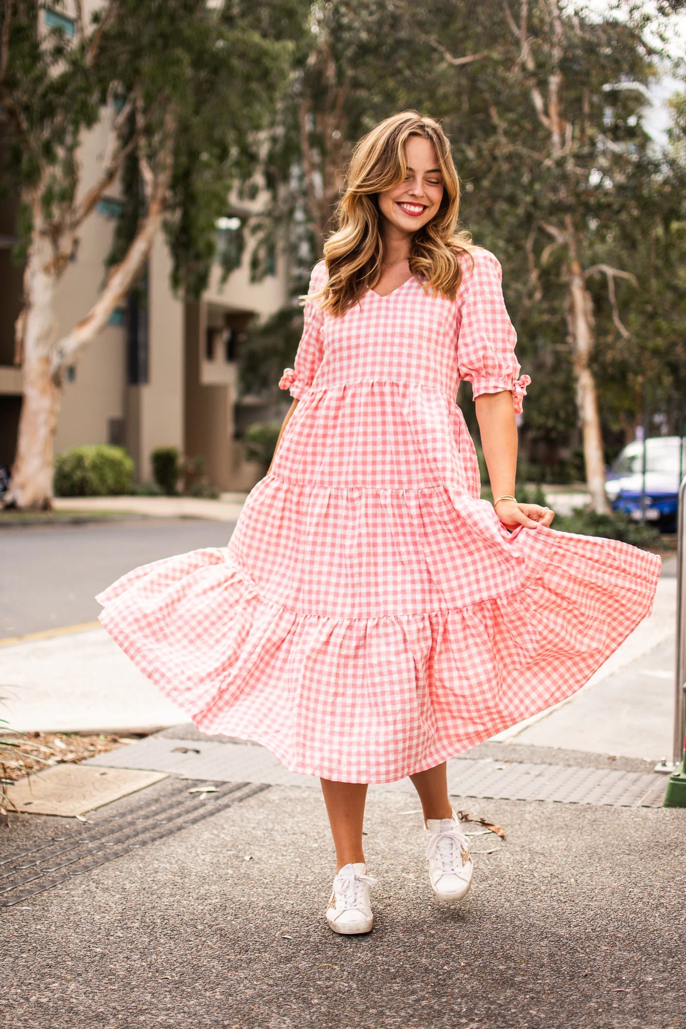 Silver Wishes Gingham Tier Midi Dress Pink