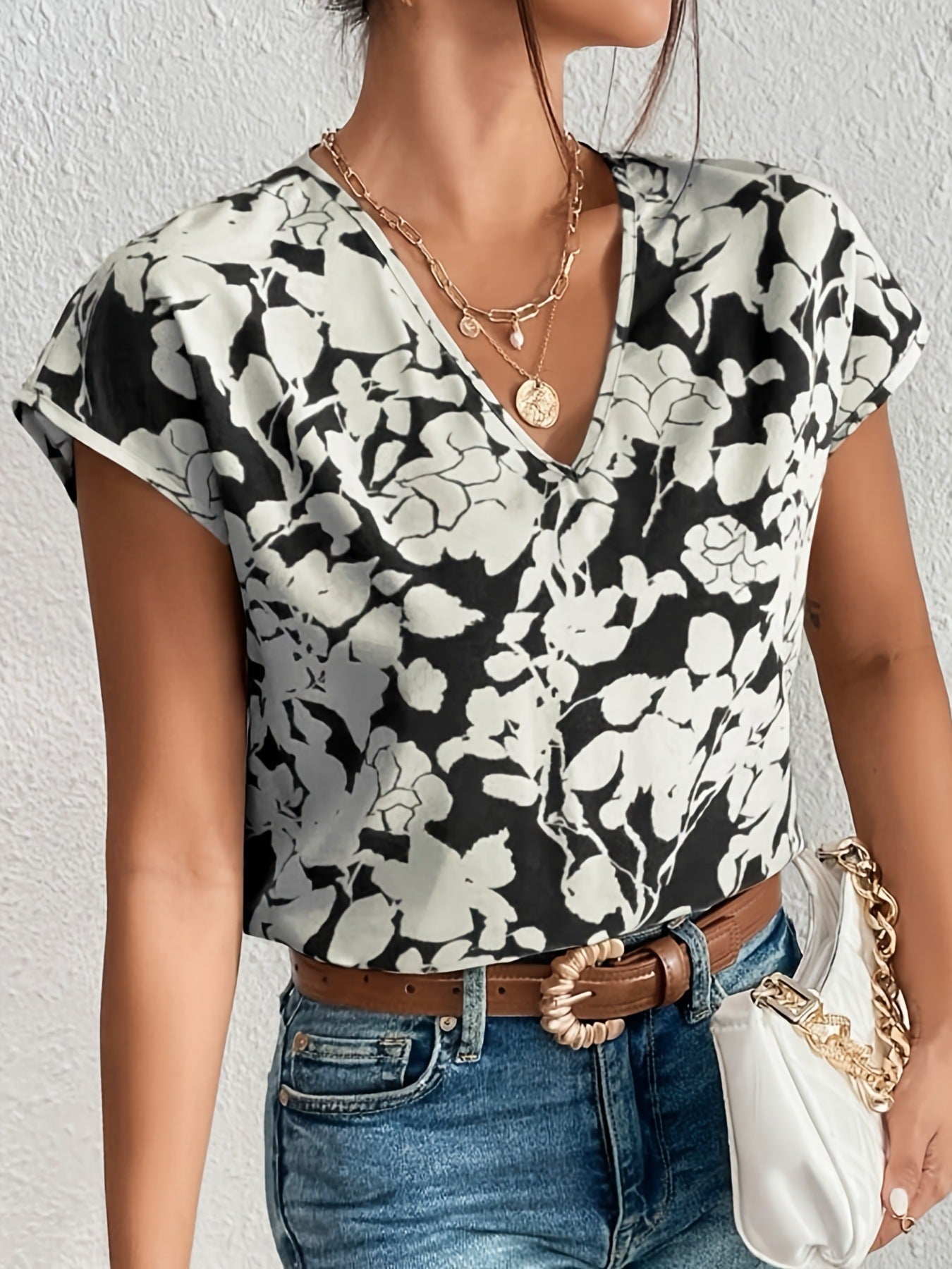 Printed Loose Half Sleeve V-neck Short Sleeve