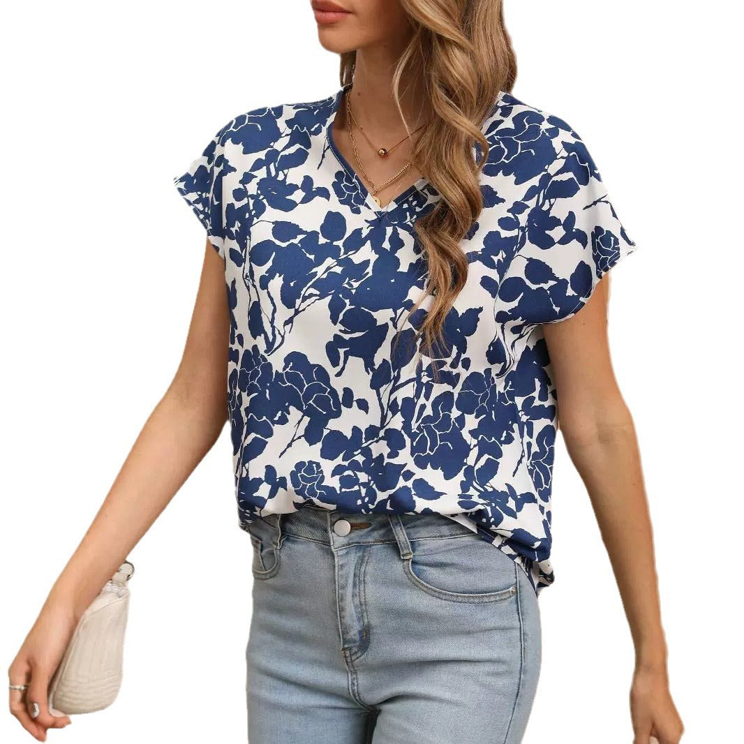 Printed Loose Half Sleeve V-neck Short Sleeve