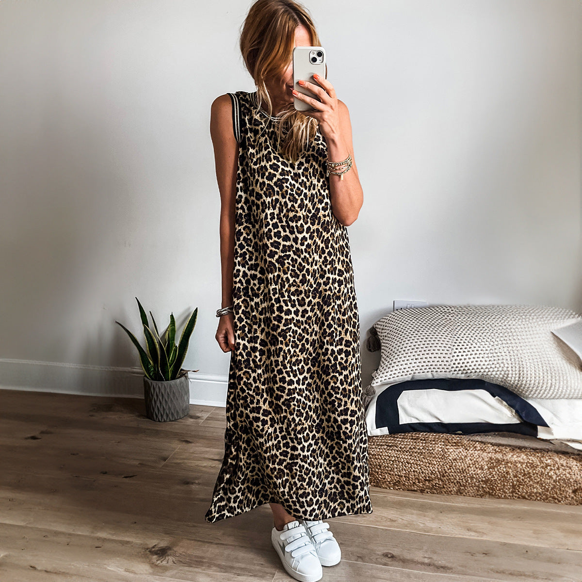 Leopard Print Women's Clothing Spaghetti Straps Sleeveless Dress