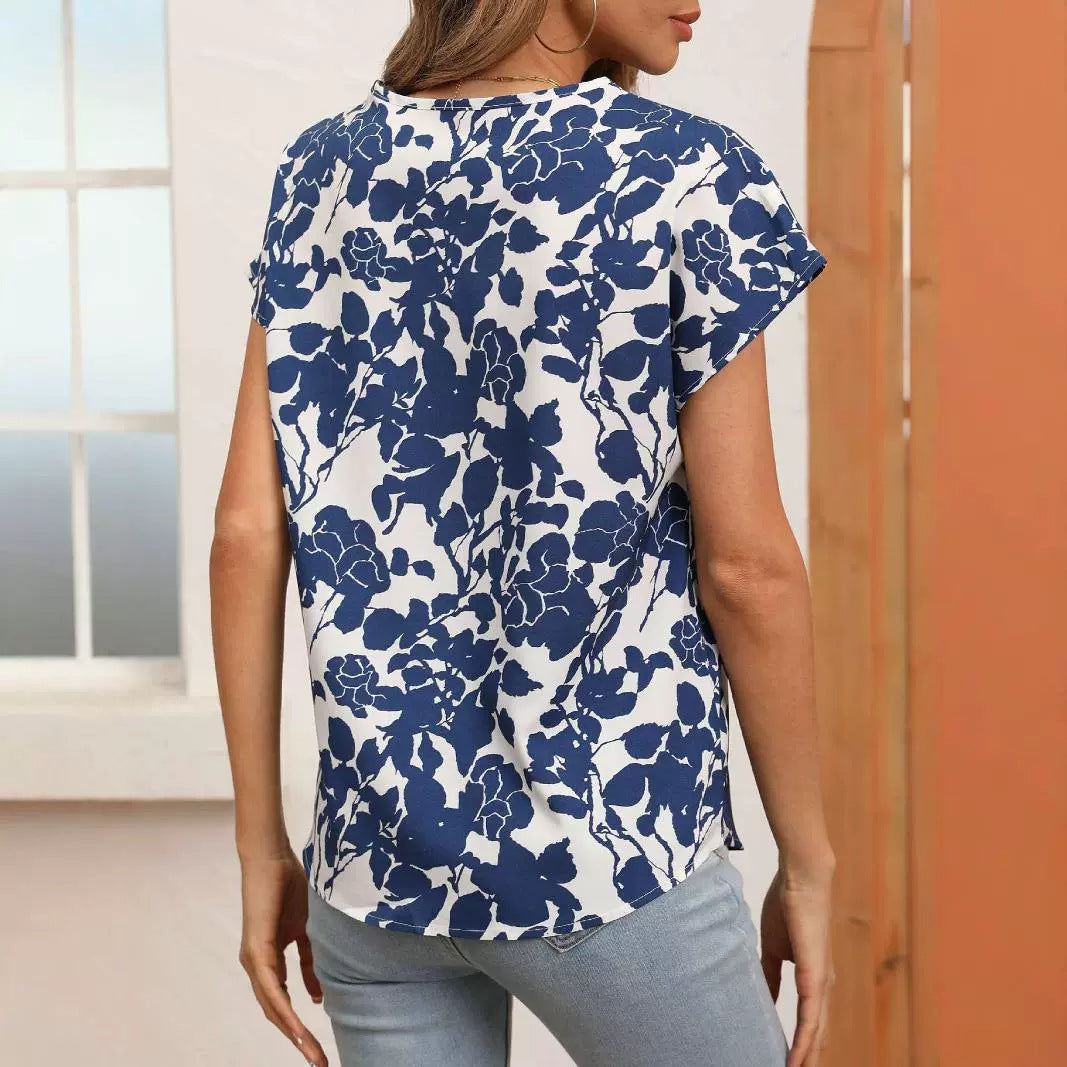 Printed Loose Half Sleeve V-neck Short Sleeve