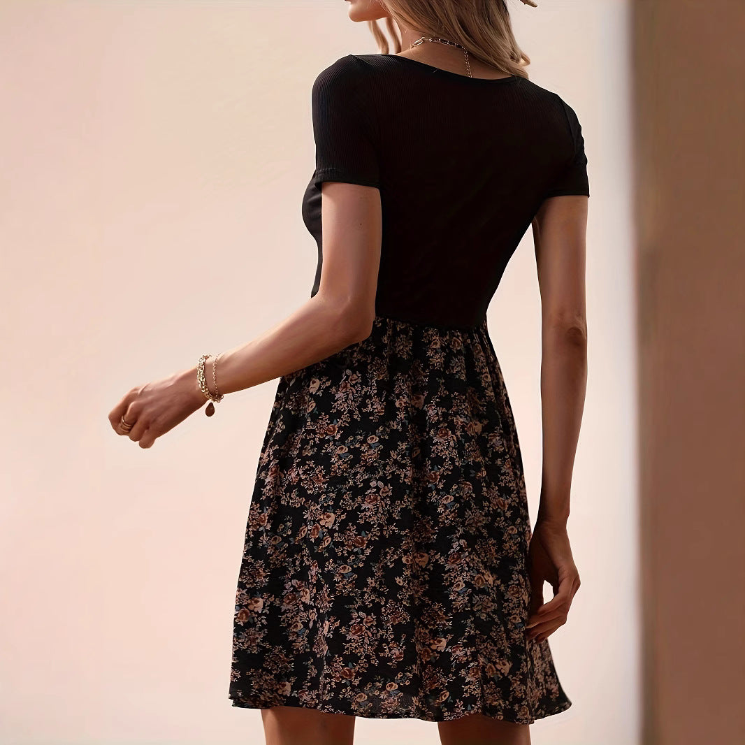 European And American Spring And Summer Floral Print Low Collar Leisure Vacation High Waist Big Swing Dress