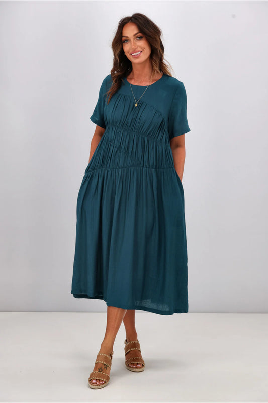 Shine On Label Alesandra Shirred Detail Dress Teal